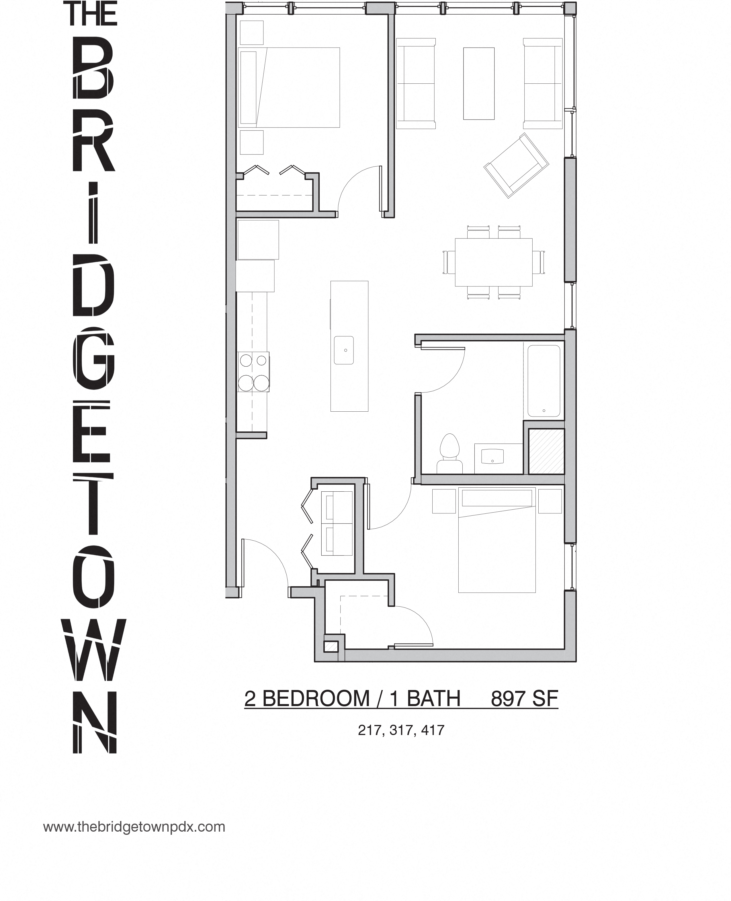Floor plan for 2 beds, 1 bath, 897 sqft